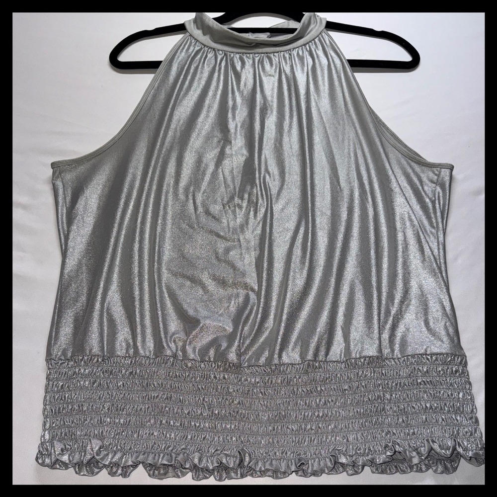 Sion Halter Top Women XL Silver Metallic Smocked Hem Party Disco‎
